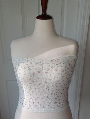 Pink Rose Cream Strapless Ribbed Crop Top with Pink Floral Print L/XL